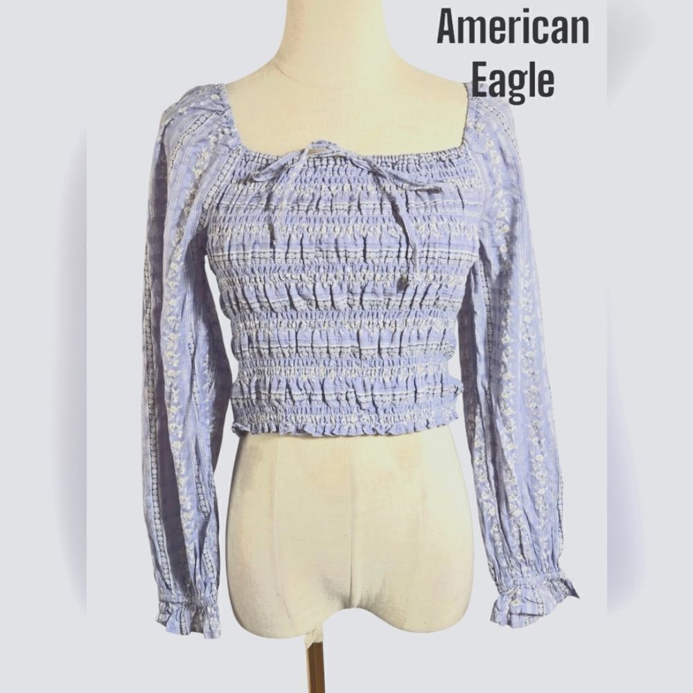 American Eagle Outfitters Dusty Blue Floral Smocked Crop Top